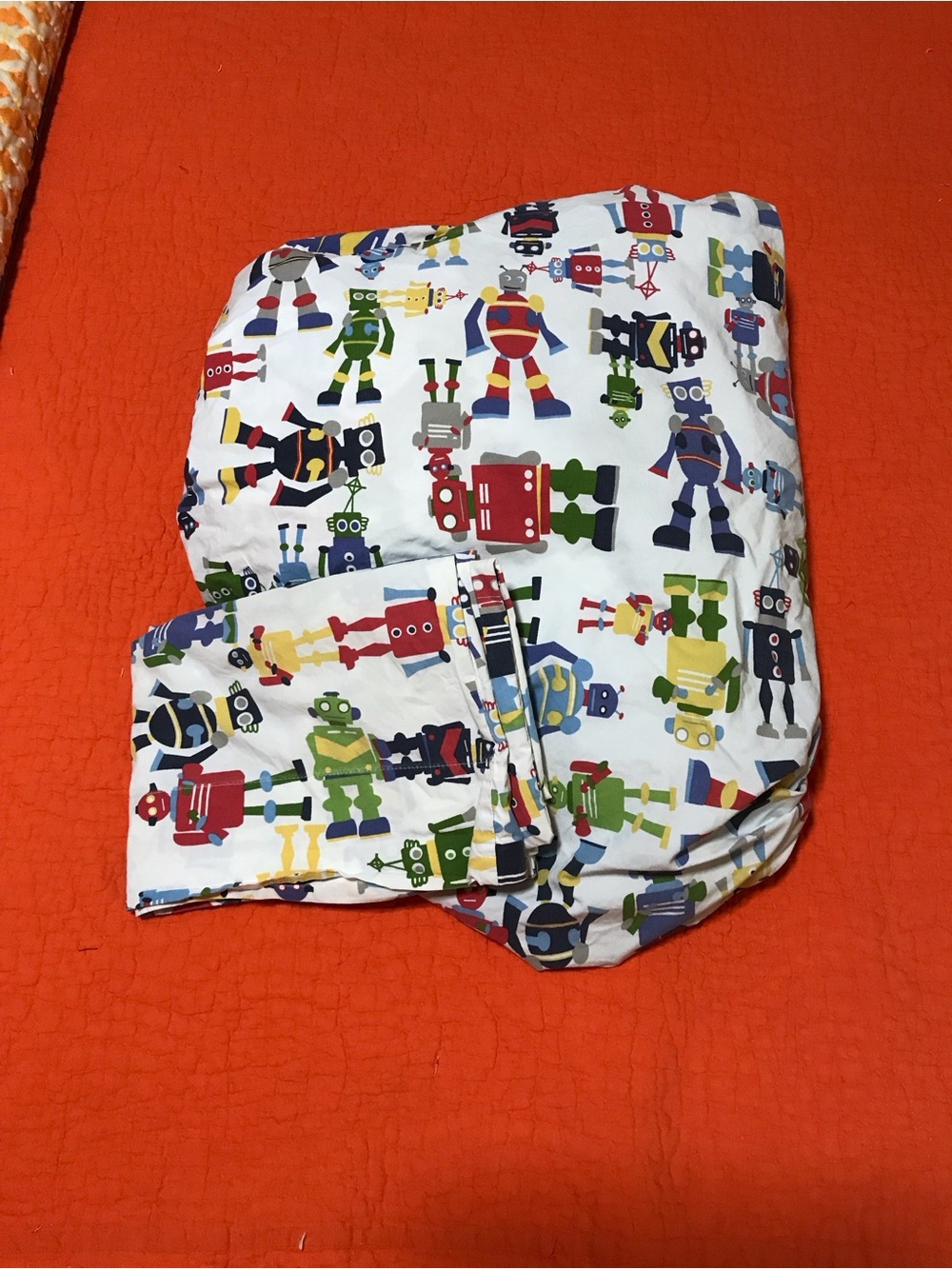 Pottery Barn Kids Twin Fitted Sheet and Pillowcase with Multicolor Robot Print